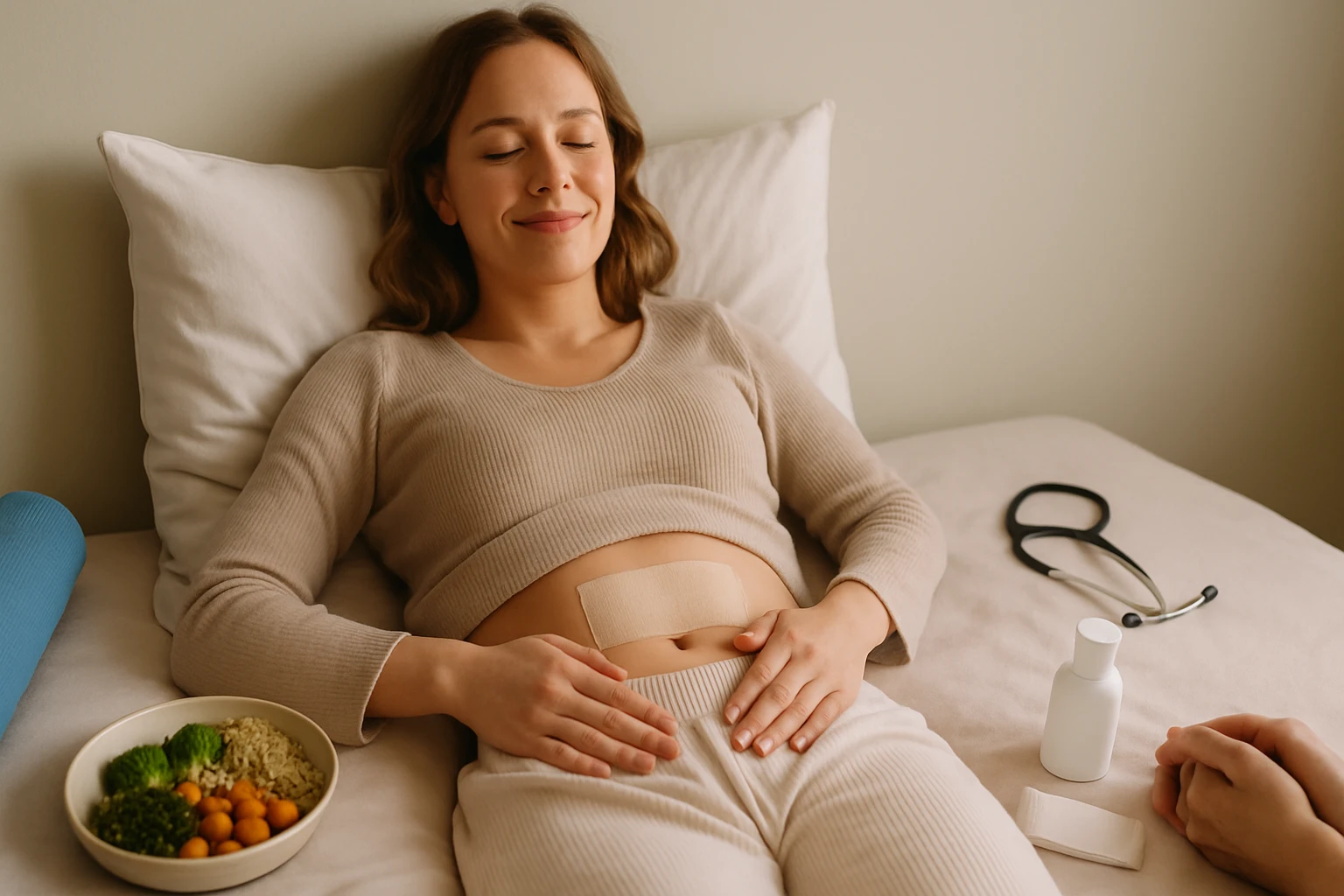 Egy fiatal nő fekszik az ágyon, kezével a hasán, pihen és relaxál.