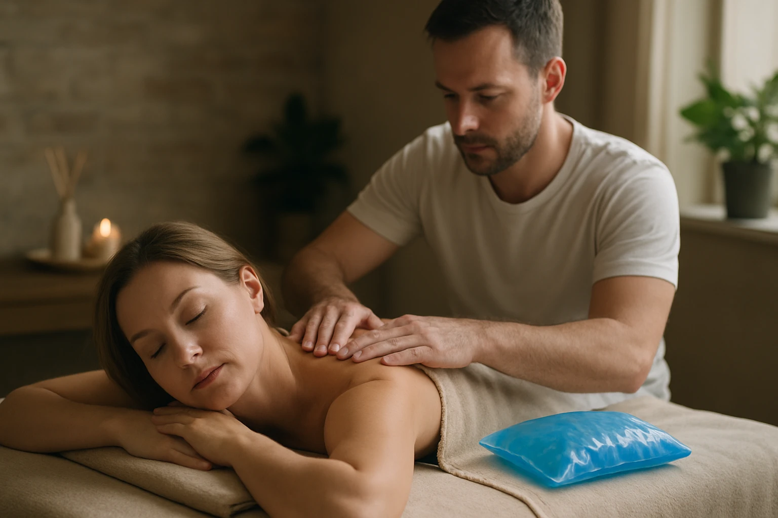 Egy férfi masszírozza egy nő hátát, relaxáló környezetben.