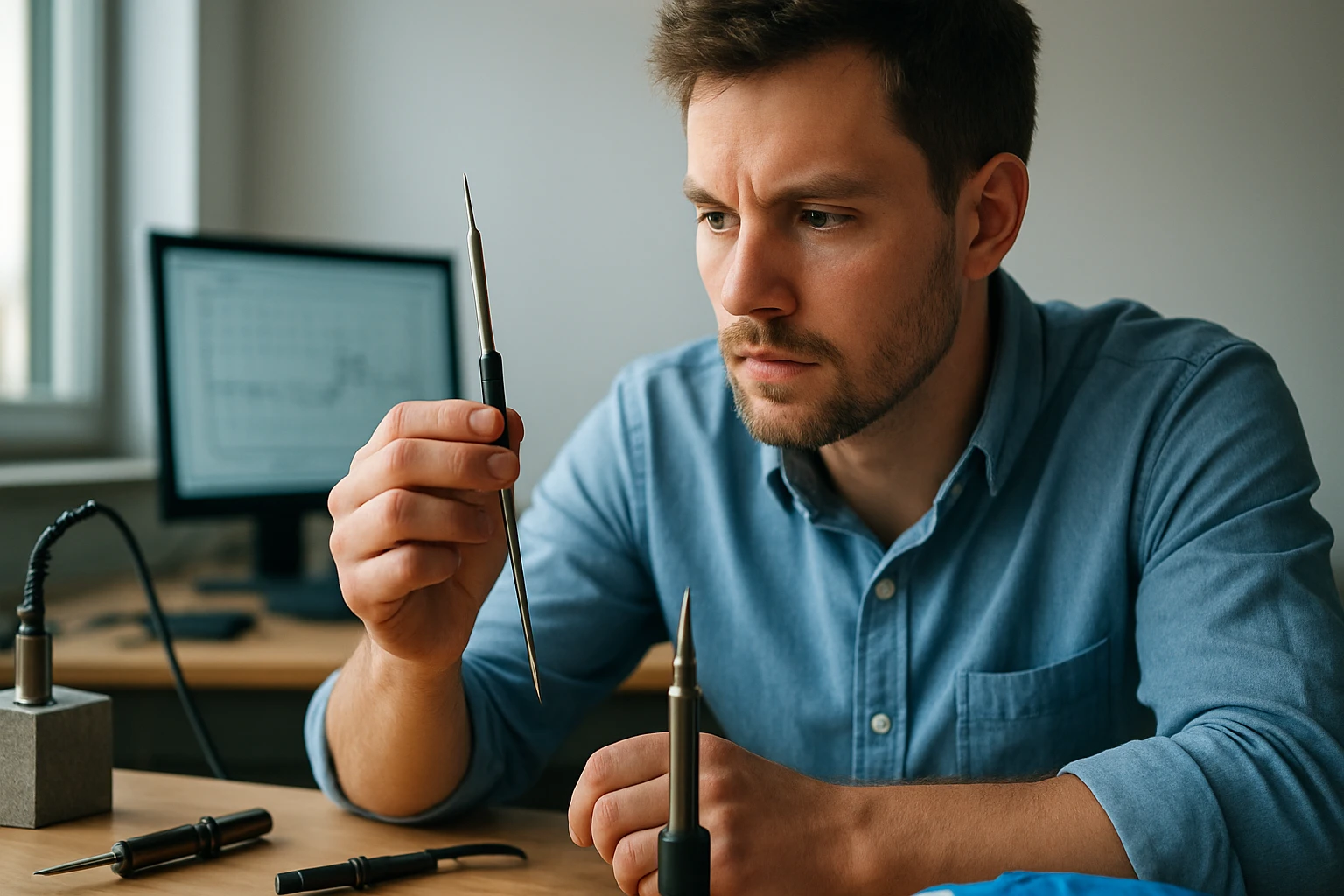 Egy férfi figyelmesen nézi a kezében tartott eszközt, miközben egy számítógép képernyője látható a háttérben.