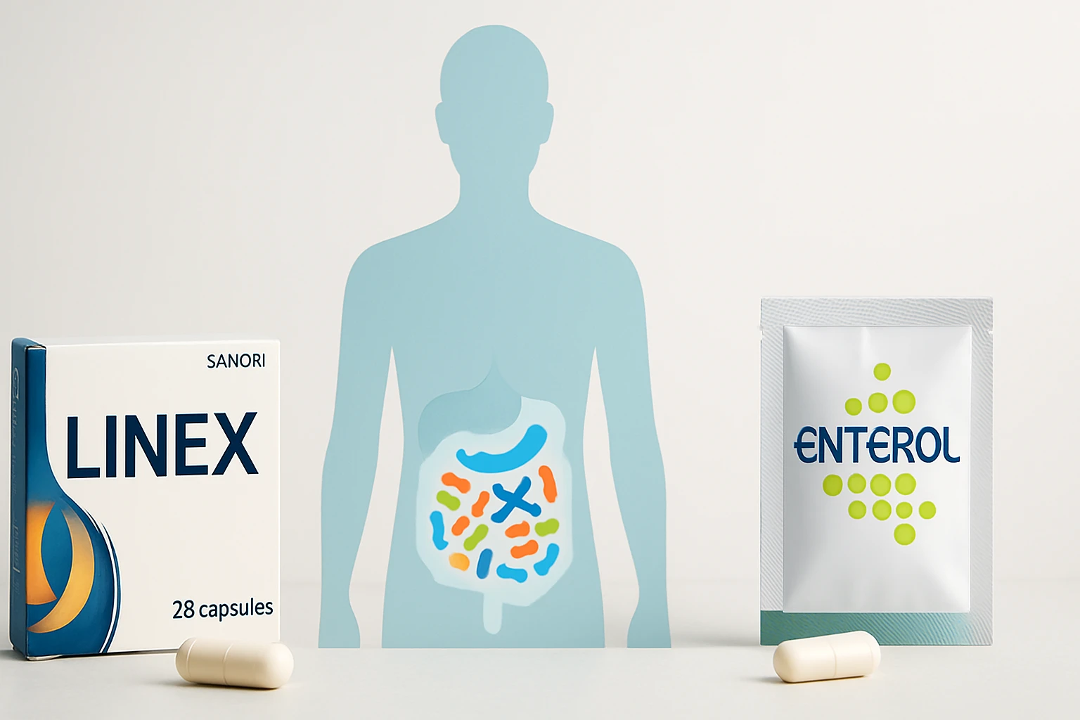 Két probiotikus készítmény, a Linex és az Enterol, egy emberi alak mellett.