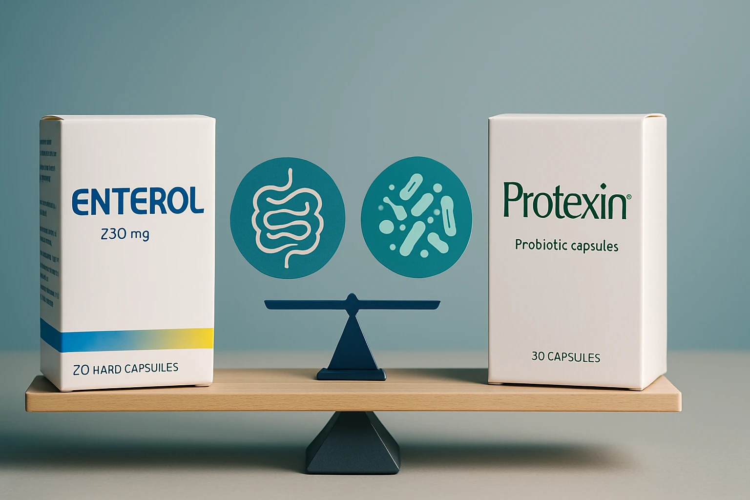 Két különböző probiotikus kapszula doboza, az Enterol és a Protexin, mérleggel.