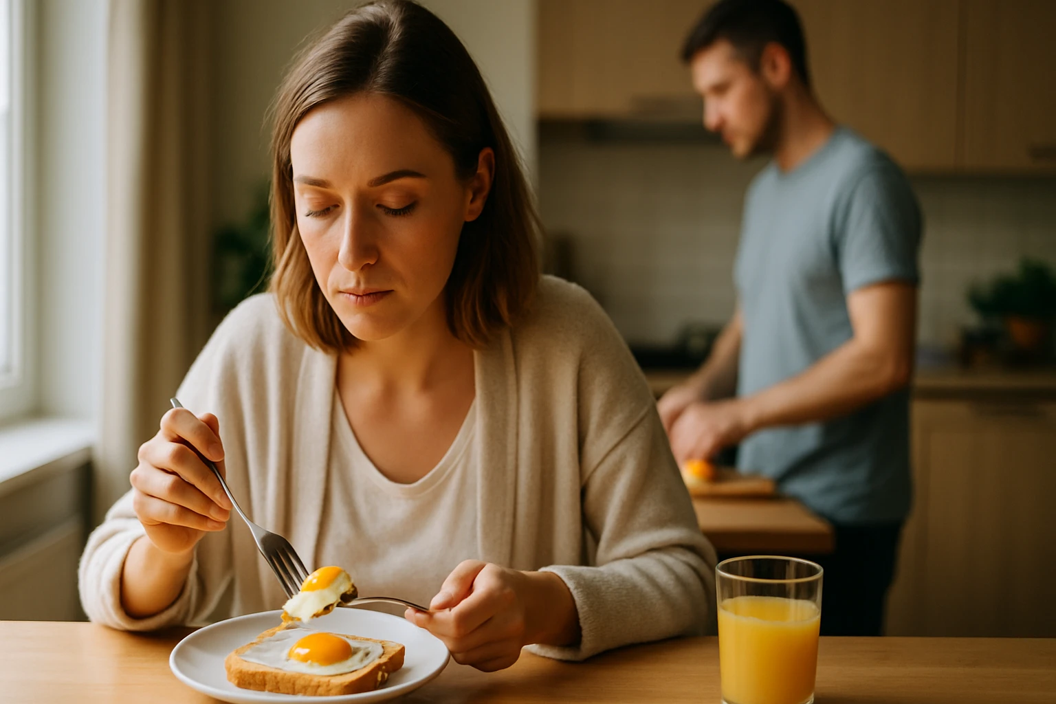 Egy nő reggelizik, tojást eszik pirítóson, háttérben egy férfi.