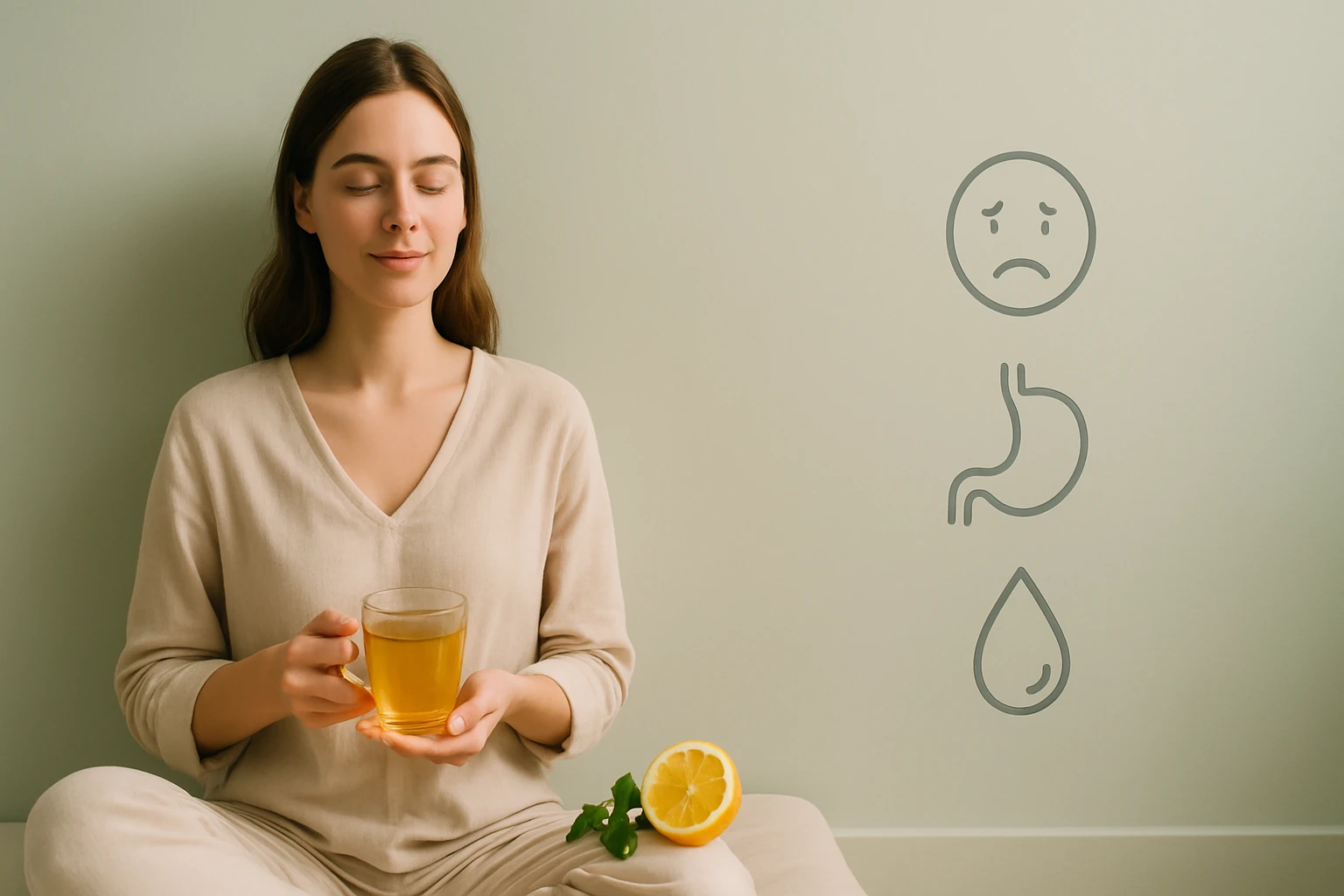 Egy fiatal nő zöld fal előtt ül, kezében gyógyteával, szemét lehunyva.