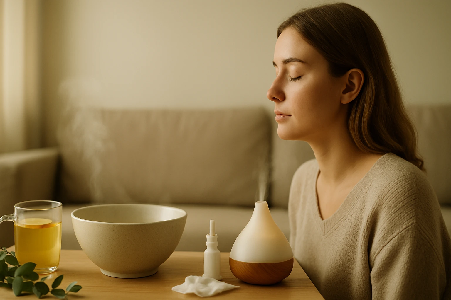 Egy fiatal nő relaxál, miközben illóolaj párologtató működik mellette.