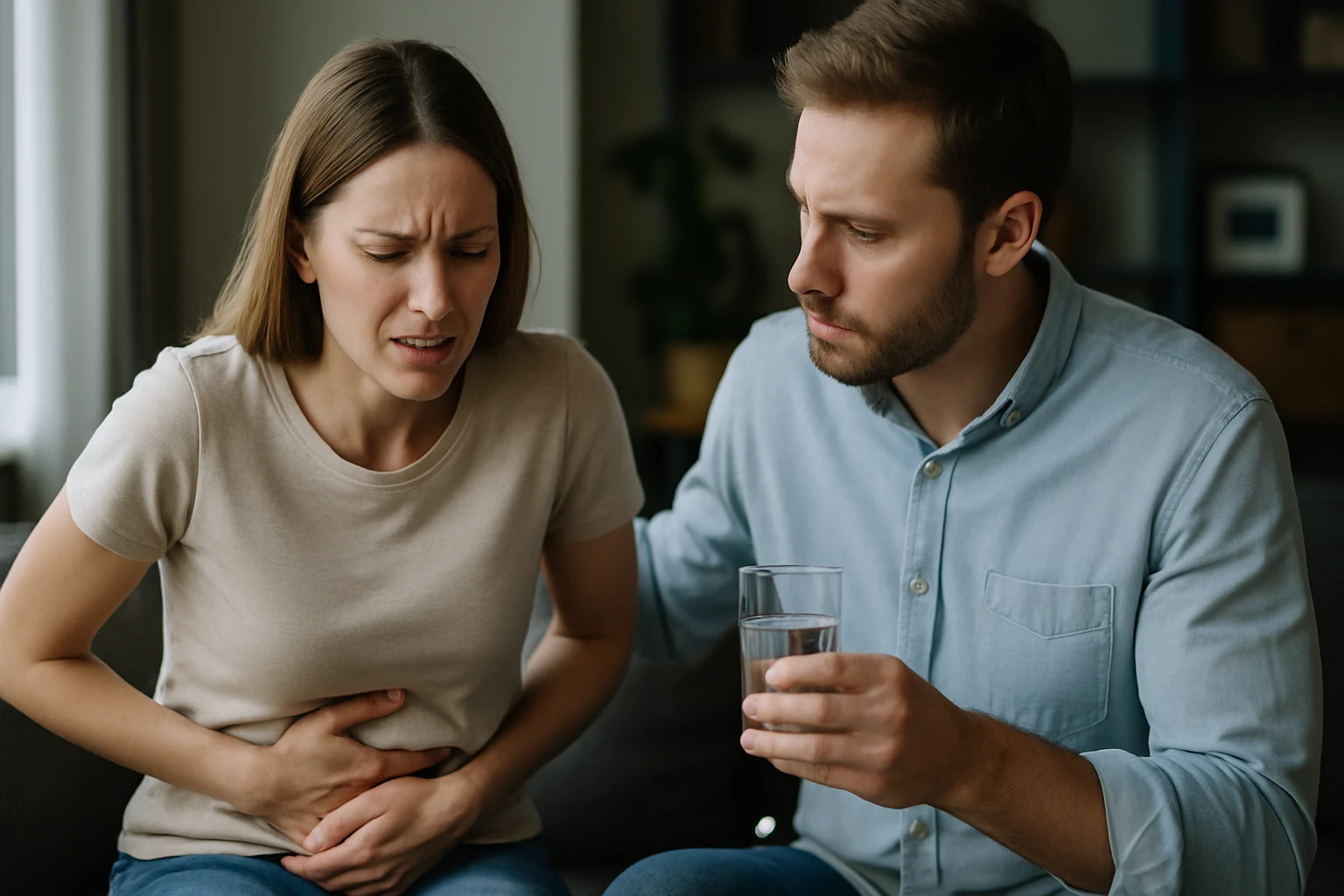 Egy nő fájdalmas arccal, hasát fogva ül, míg egy férfi vízzel segíti őt.