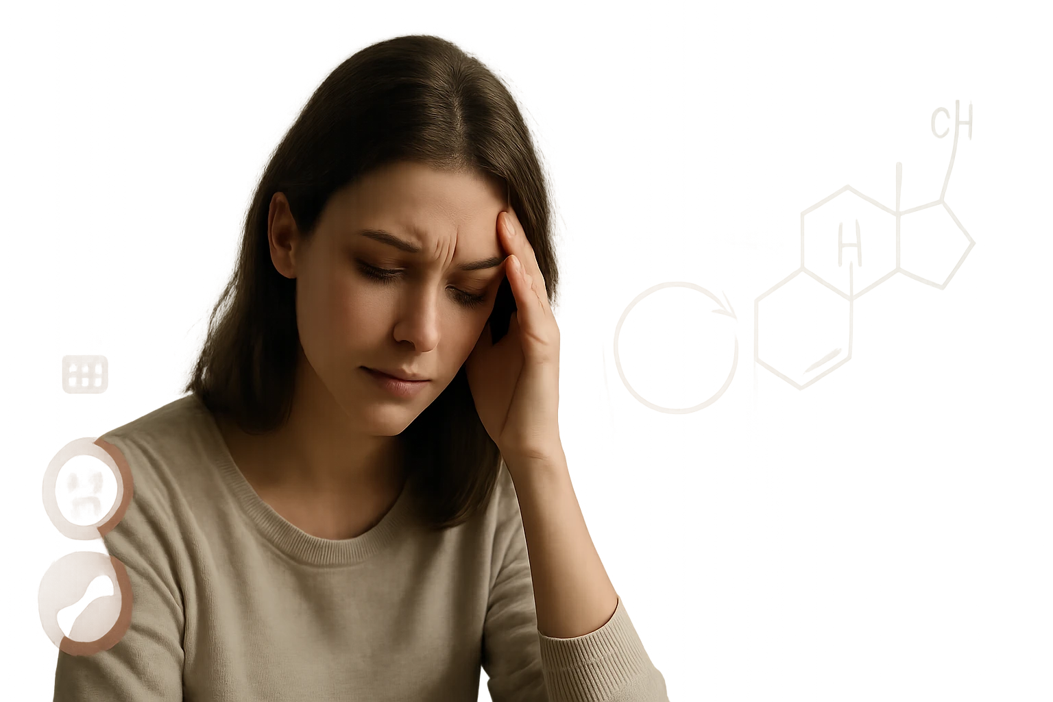 Egy fiatal nő fájdalmas arckifejezéssel, kezét a homlokán tartja.