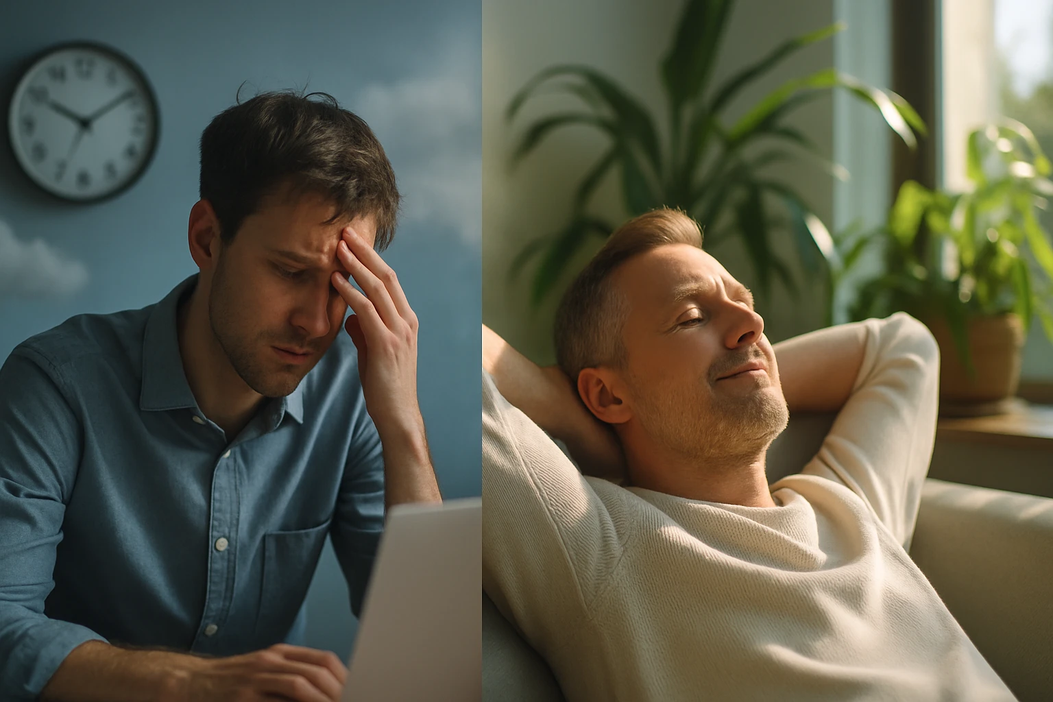 Egy fiatal férfi stresszesen néz a laptopjára, míg egy másik férfi relaxál a kanapén.