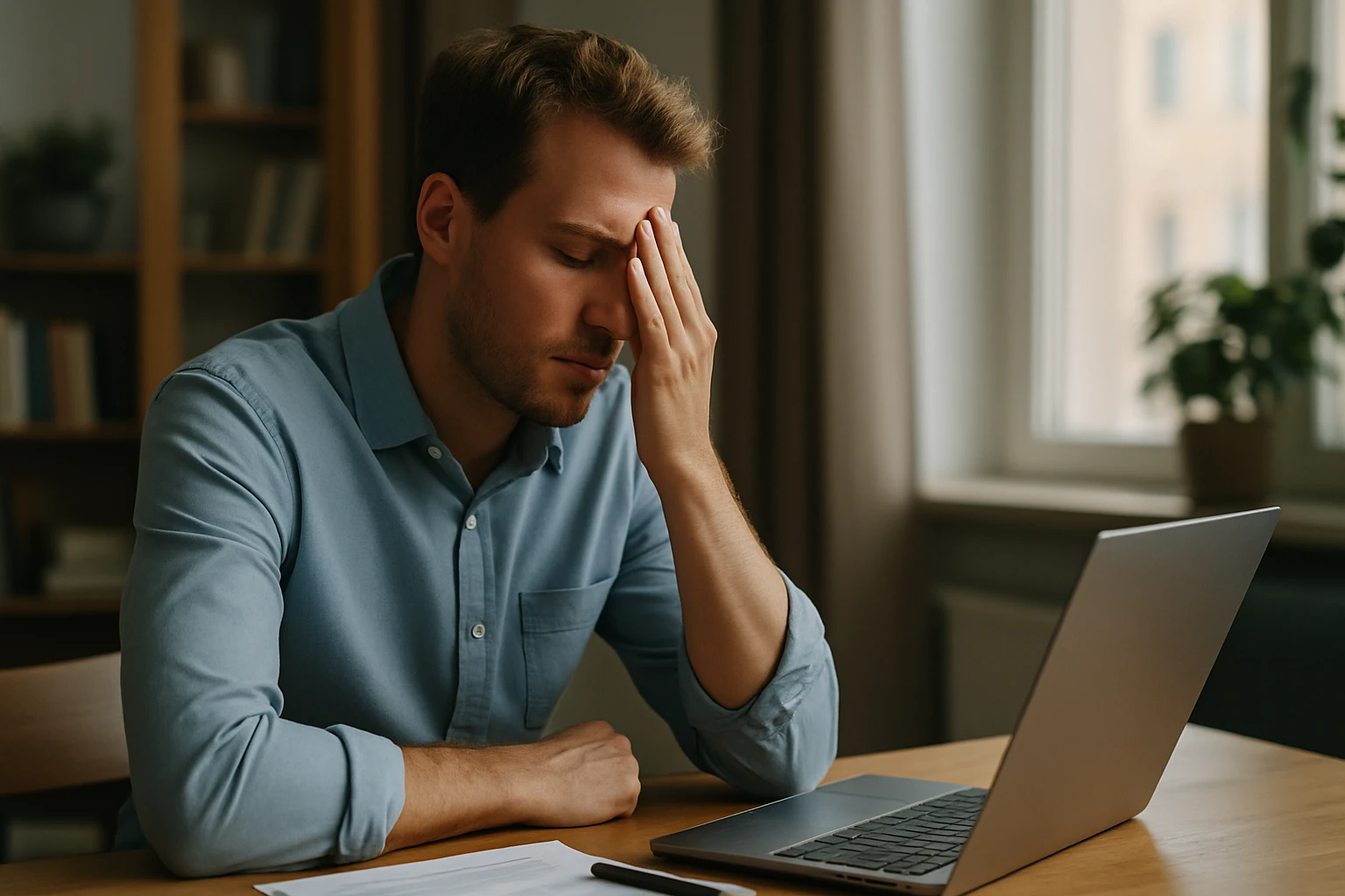 Egy fiatal férfi stresszesen ül egy asztalnál, laptop előtt, kezét a homlokán tartva.