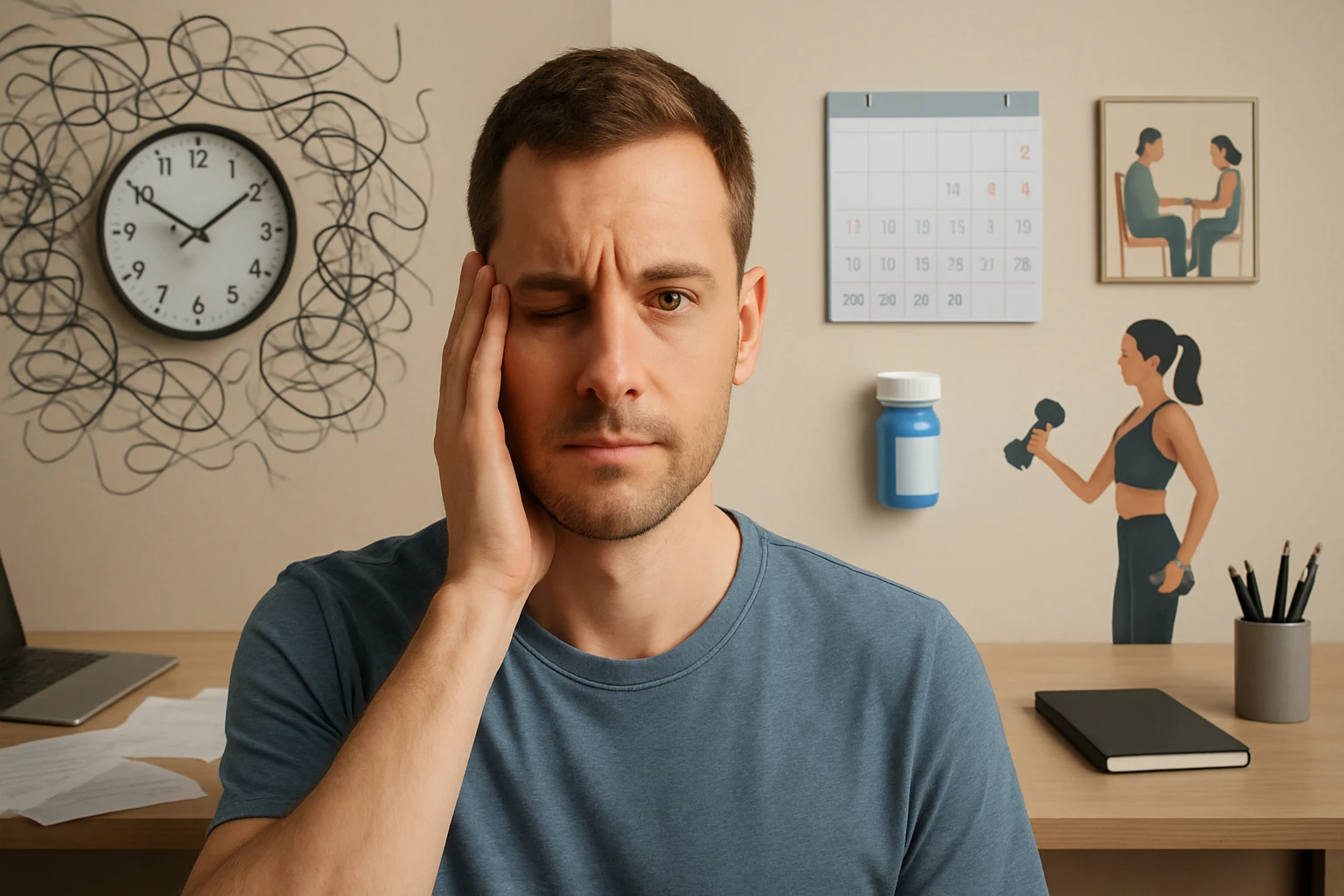 Egy férfi fájdalmas arckifejezéssel, kezét az arcán tartva, háttérben óra és naptár.