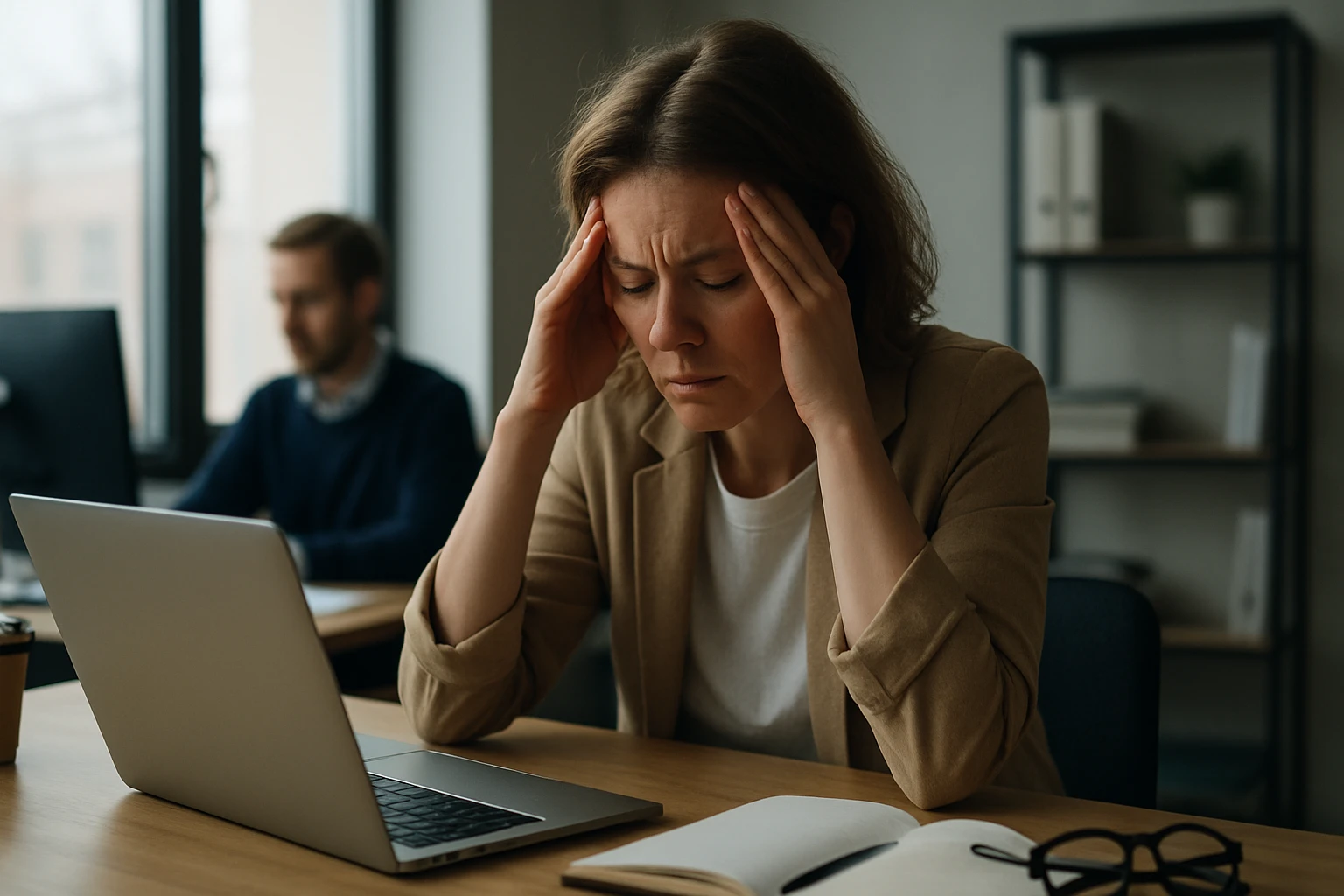 Egy fiatal nő stresszesen ül az íróasztalnál, kezét a fején tartja.