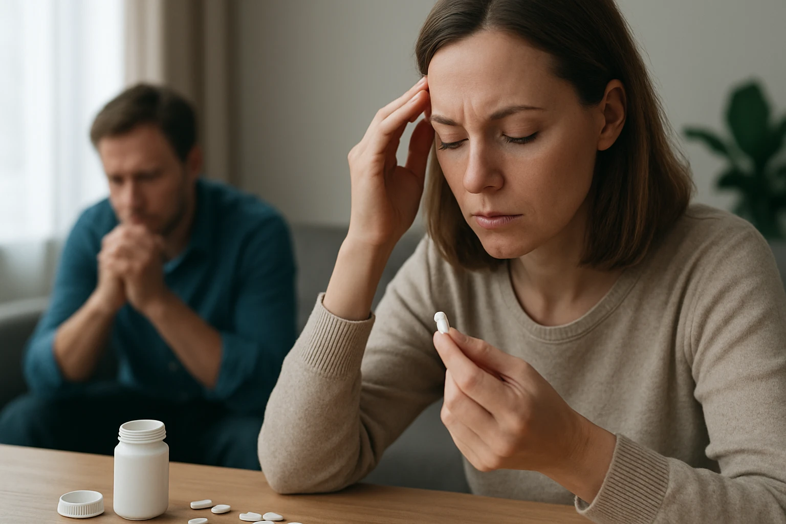 Egy nő aggódva nézi a kezében tartott gyógyszert, míg a háttérben egy férfi ül.