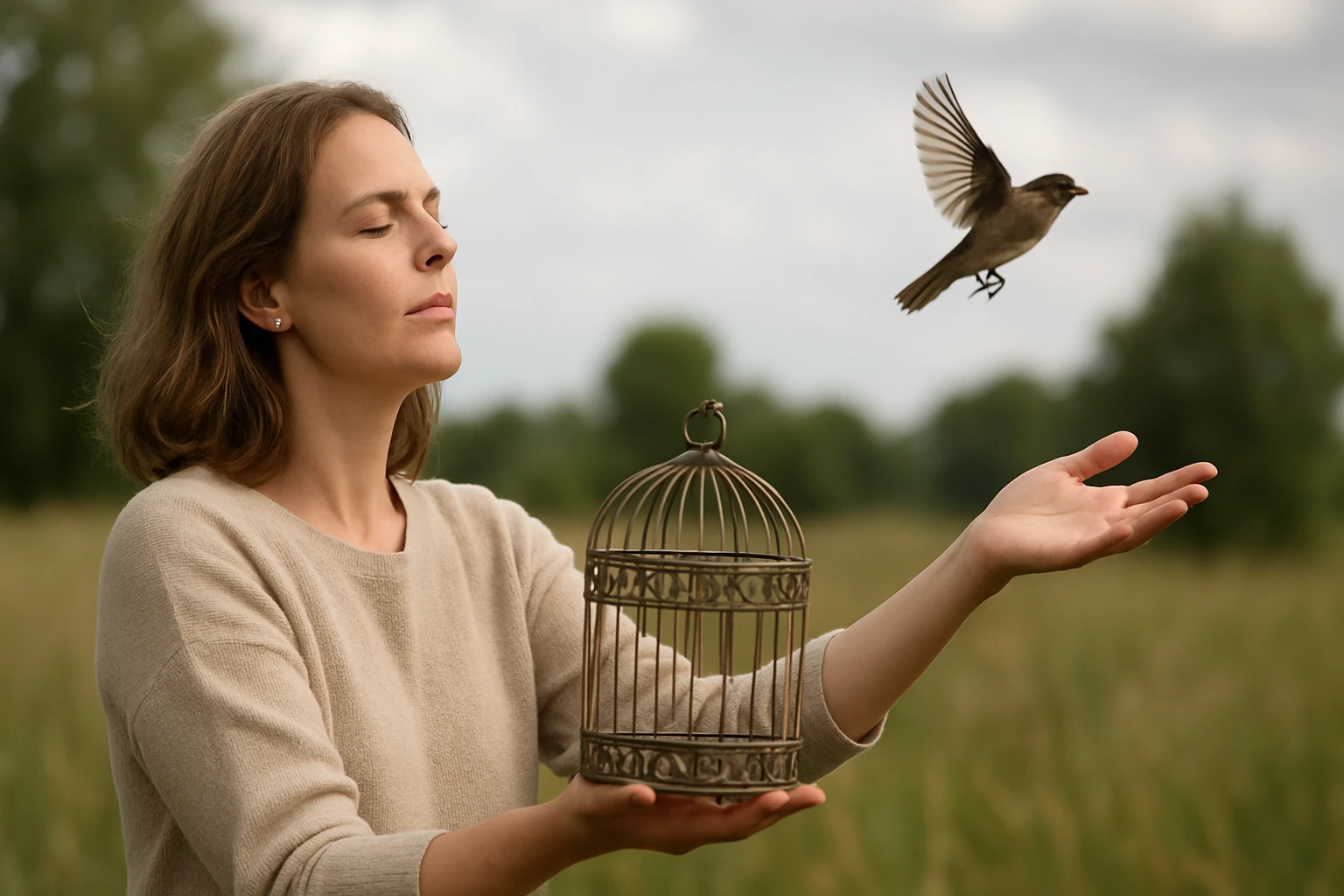 Egy nő szabadon enged egy madarat egy kalitkából, nyugodt környezetben.