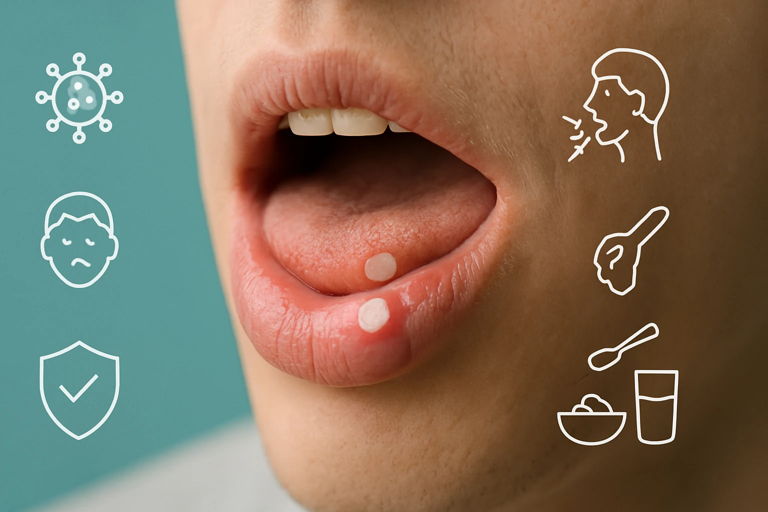Nyitott száj, látható nyelv és apró sebek, háttérben egészségügyi ikonok.