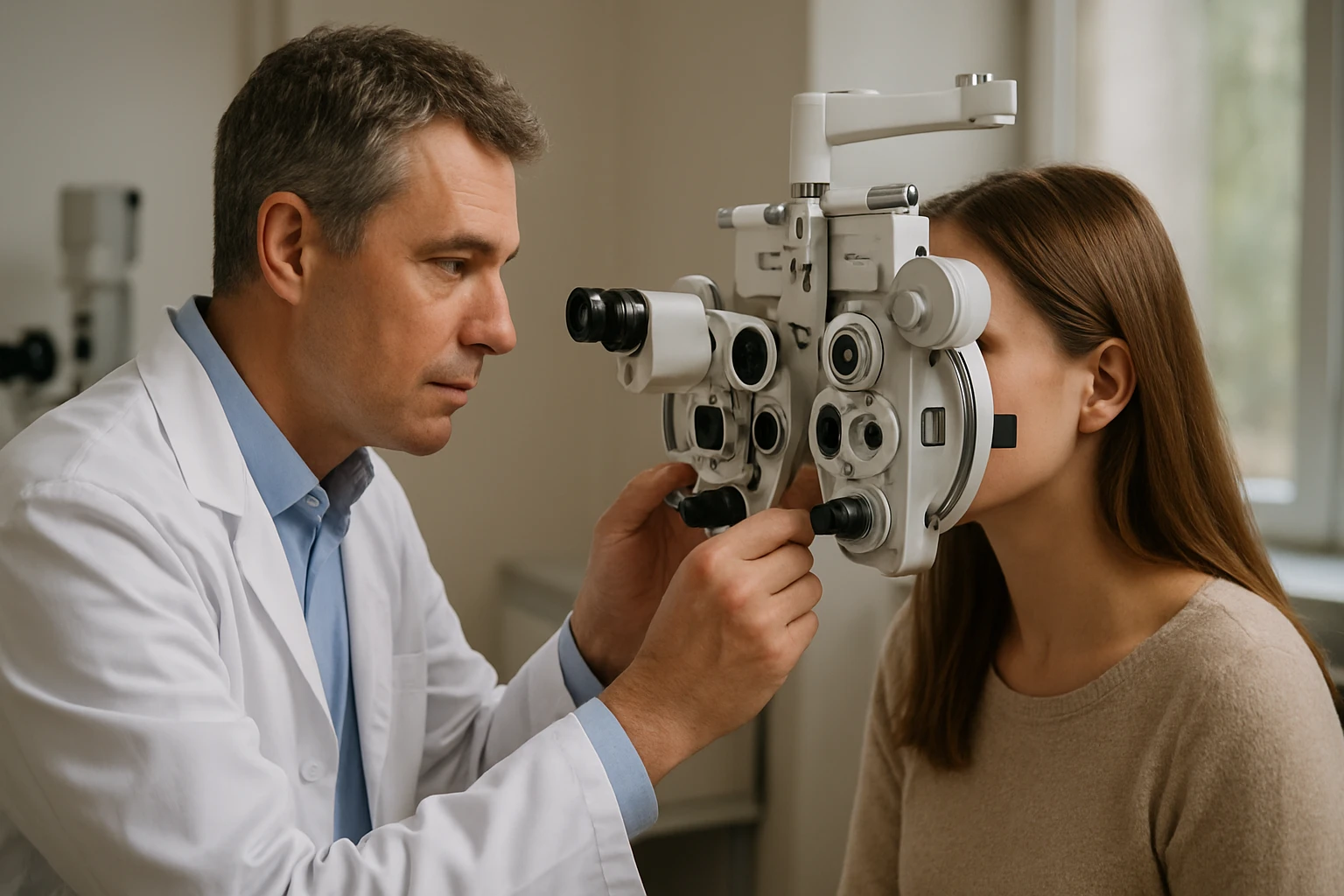 Egy orvos szemvizsgálatot végez egy fiatal nőn, modern szemészeti eszközzel.