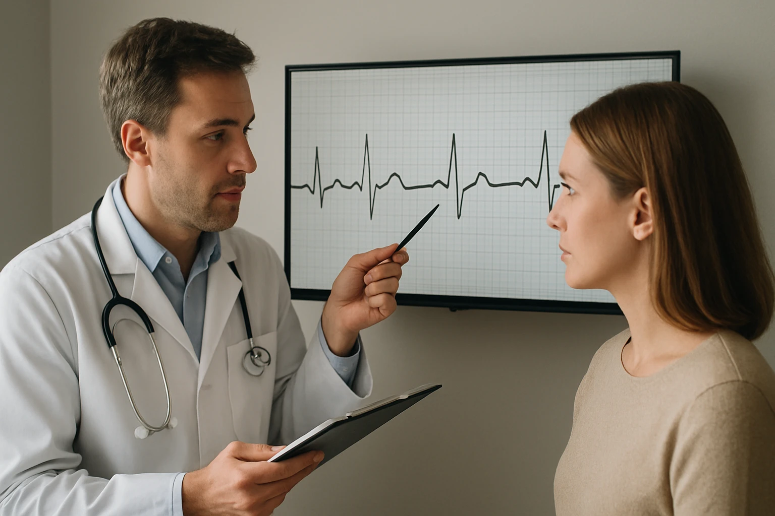 Egy orvos és egy nő beszélgetnek a szívverésről, háttérben EKG-görbe.