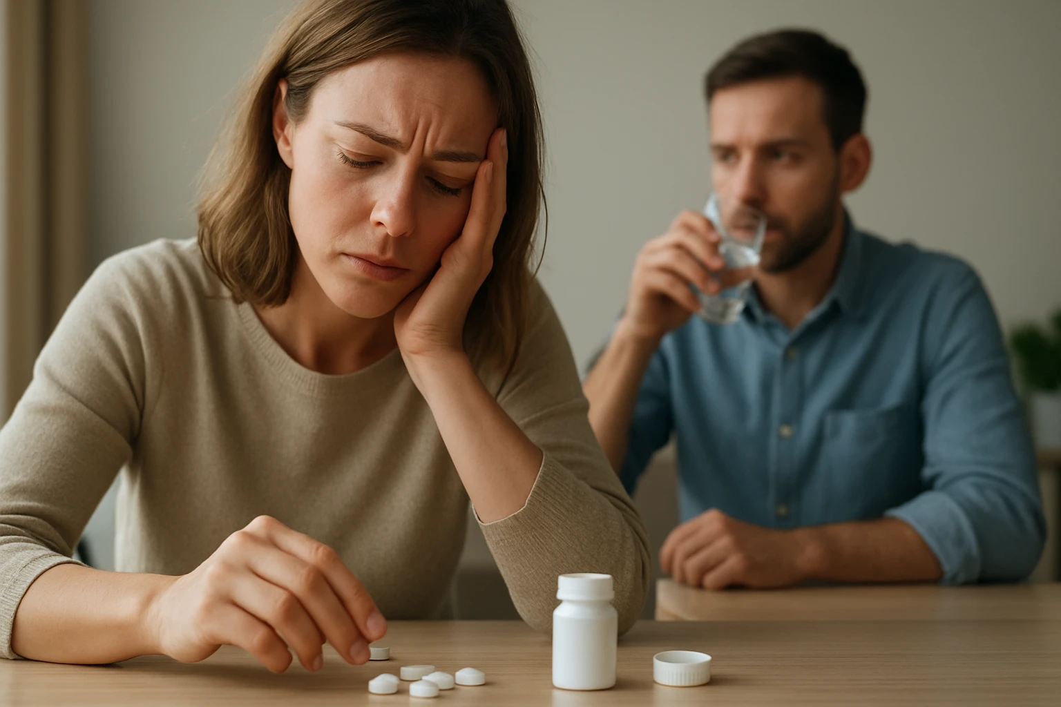 Egy nő szorongva nézi a gyógyszereit, miközben egy férfi háttérben vizet iszik.