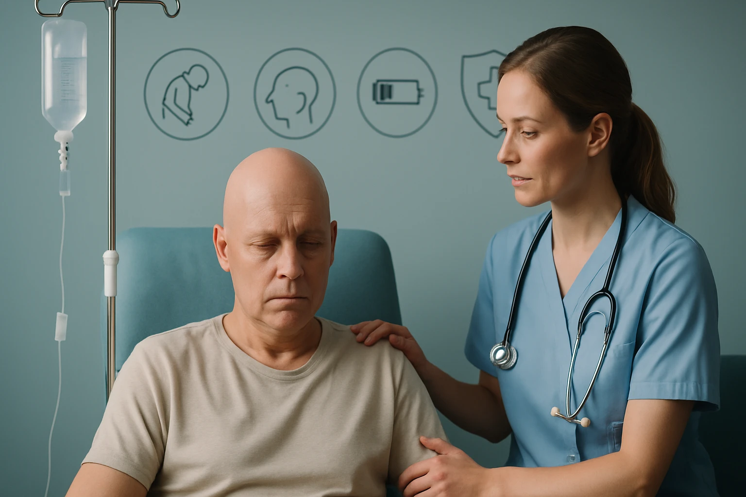 Egy nővér támogatja a beteg férfit, aki infúzión ül egy kórházi szobában.