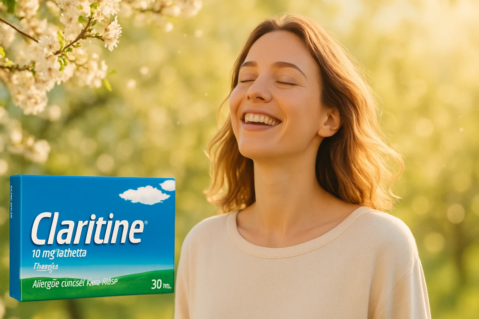 Egy fiatal nő mosolyogva áll a virágzó fák alatt, élvezi a tavaszi napfényt.