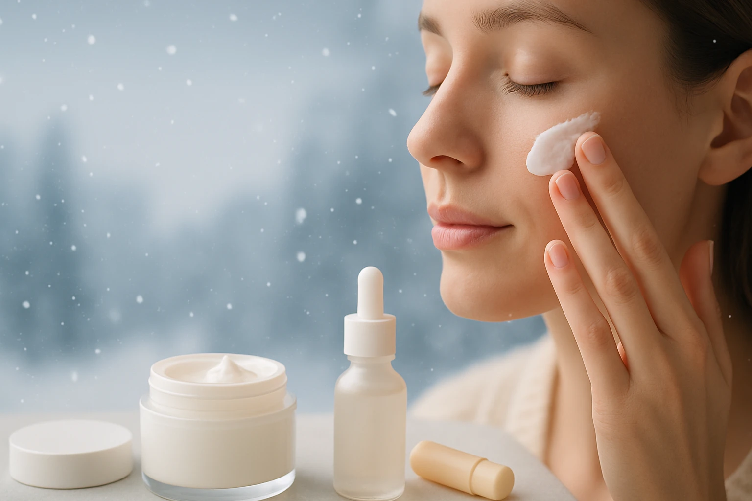Egy nő arcbőrápoló krémet visz fel az arcára, téli tájban.