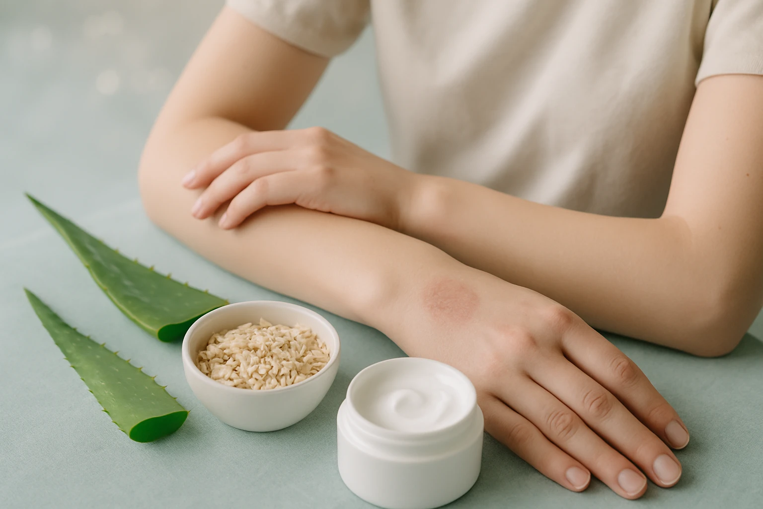 Egy nő keze, aloe verával és zabpehellyel, bőrápolásra készülve.