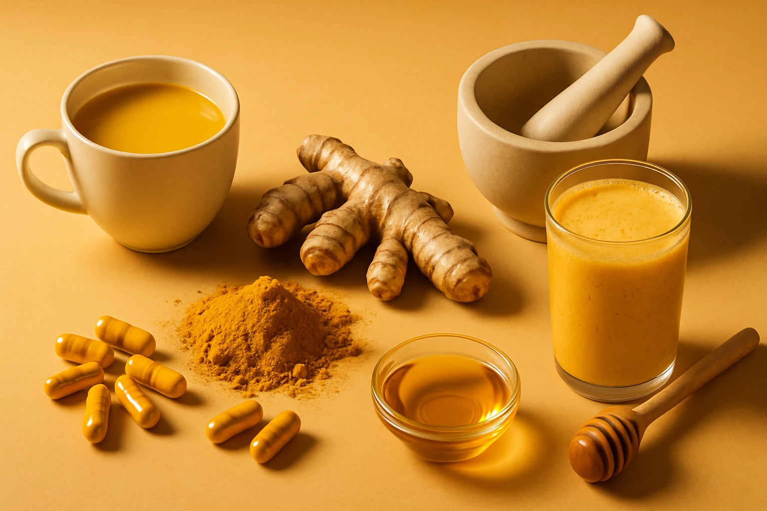Egy csésze aranysárga ital, friss gyömbér, por és kapszula a természetes egészségért.