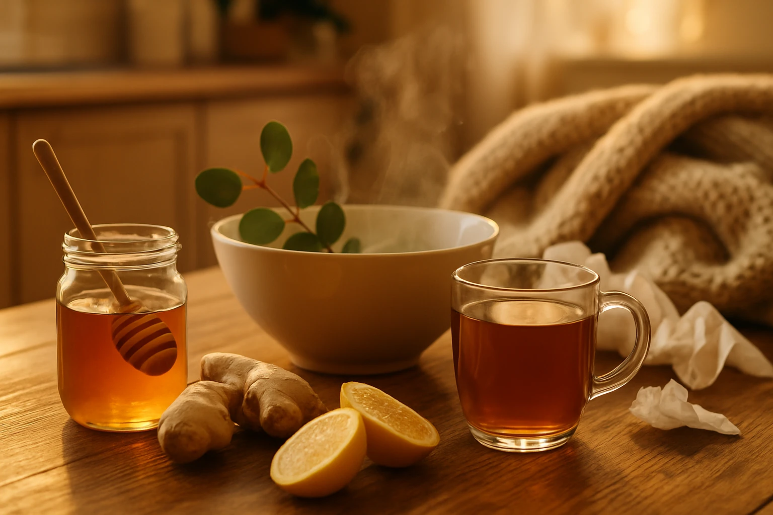 Egy asztalon gyömbér, citrom, méz és gőzölgő tea található.
