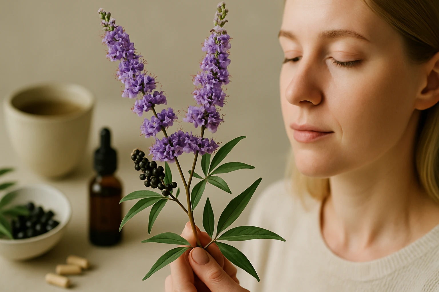 Egy nő, aki lila virágokat és zöld leveleket tart a kezében, háttérben gyógynövényekkel.