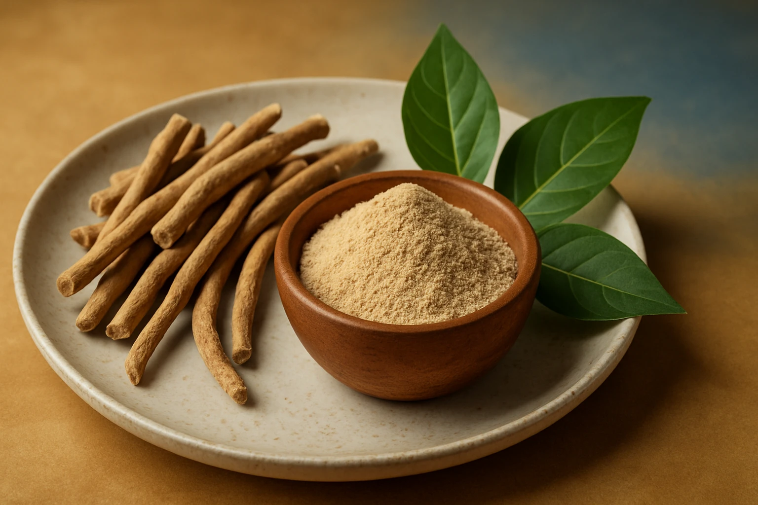 Egy tálban porrá őrölt gyökér és mellette friss levelek találhatók.