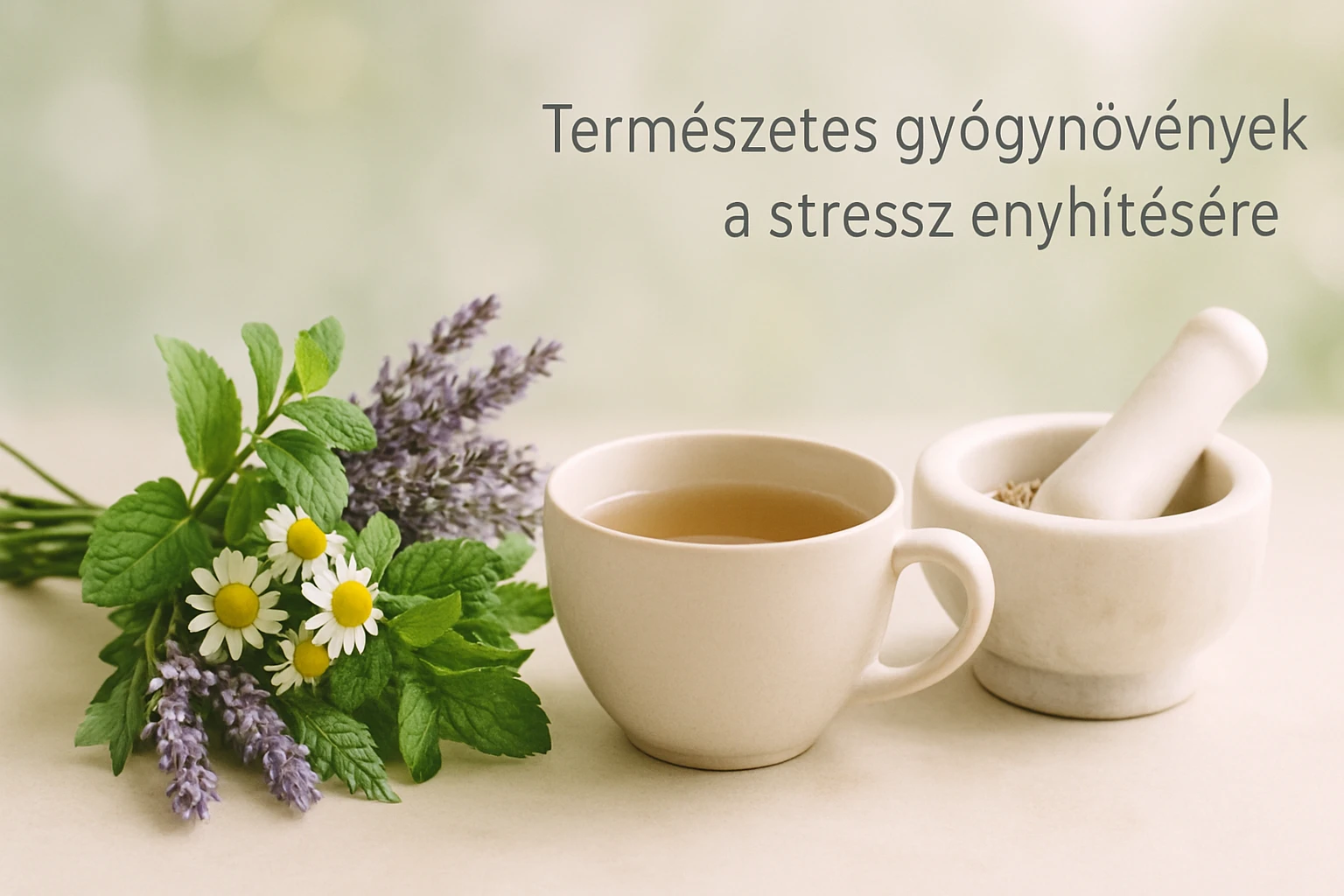 Friss gyógynövények, mint a levendula és a kamilla, egy csésze teával és mozsárral.