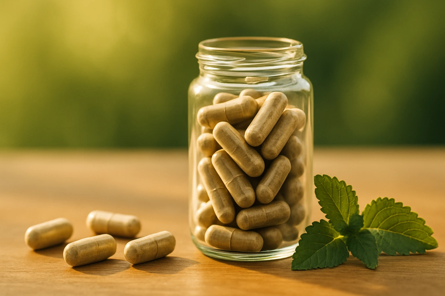 Egy üvegben tárolt gyógynövénykapszulák, mellette friss menta levél.