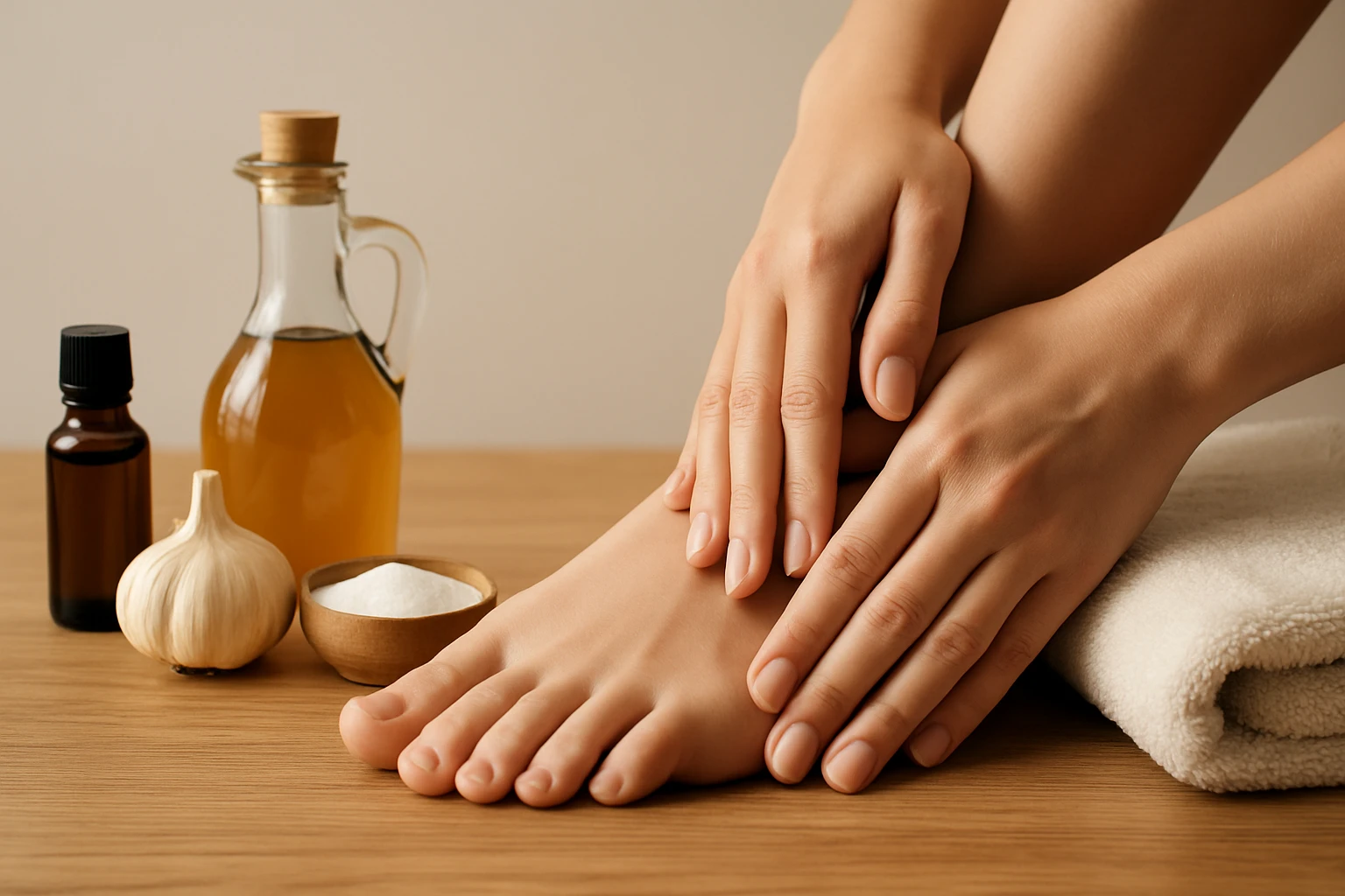 Egy női kéz masszírozza a lábát, körülötte természetes alapanyagokkal.