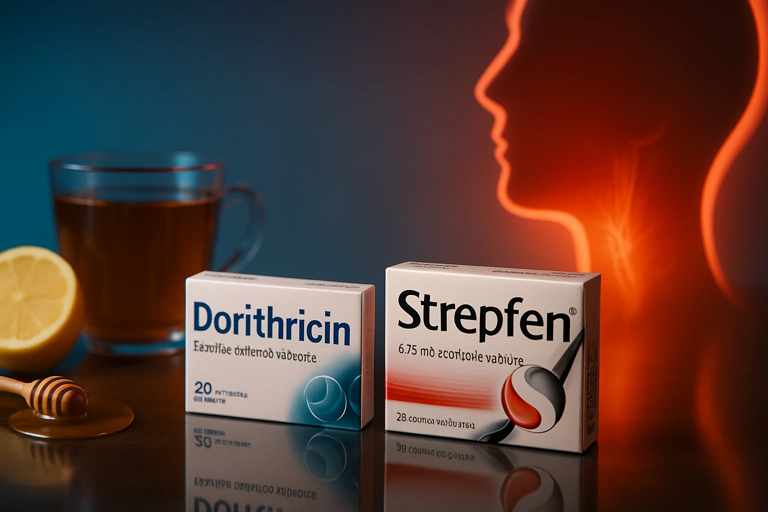 Két gyógyszeres doboz, egy pohár tea és citrom mellett, háttérben egy emberi sziluett.