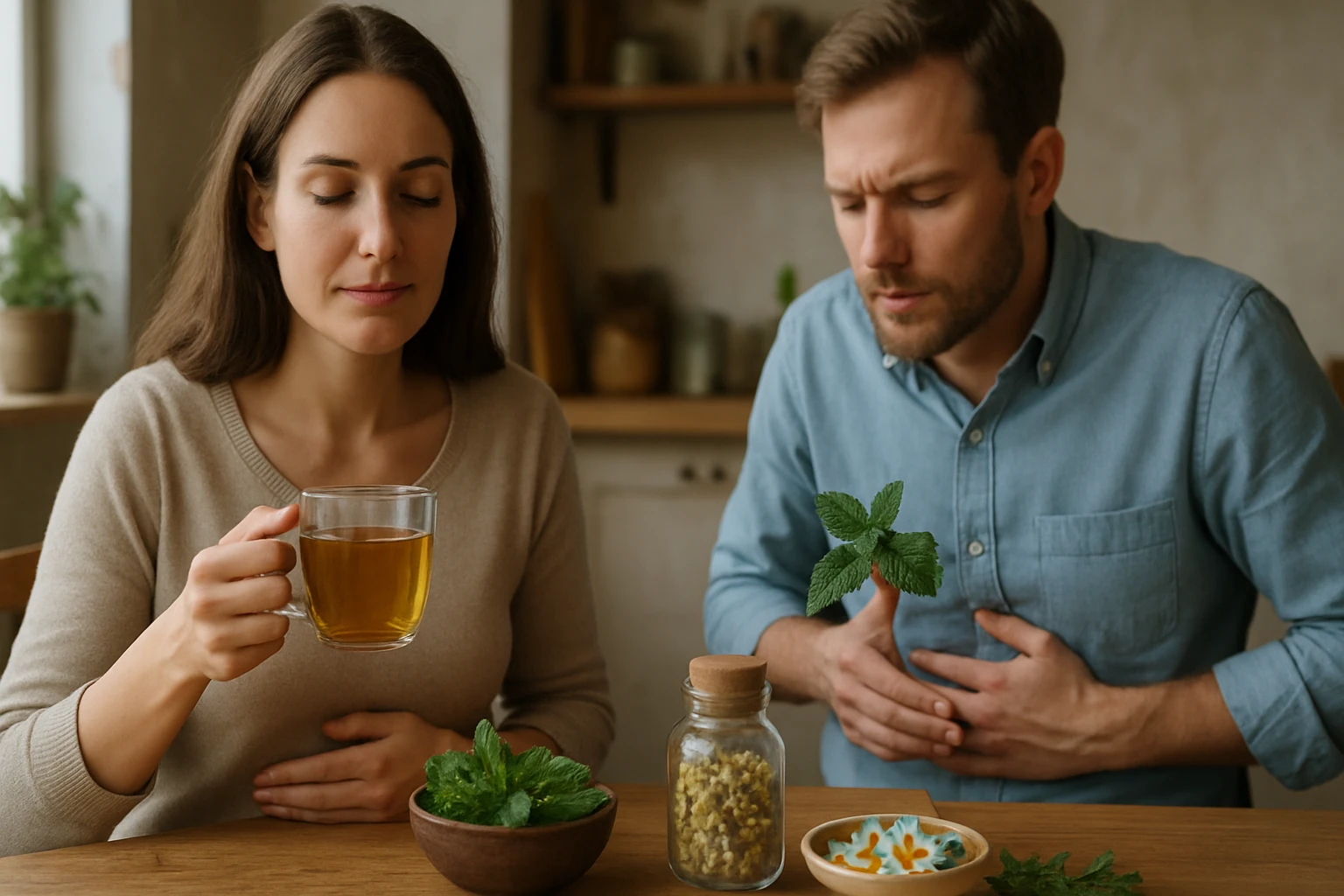 Két ember ül egy asztalnál, az egyik gyógyteát iszik, a másik hasfájással küzd.