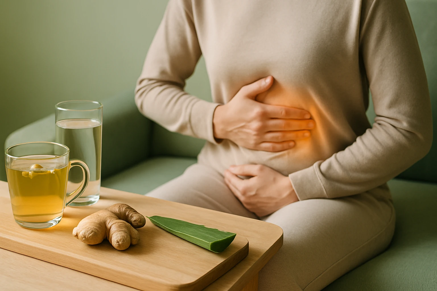 Egy nő kényelmesen ülve, a hasát fogja, mellette gyömbér és aloe vera.