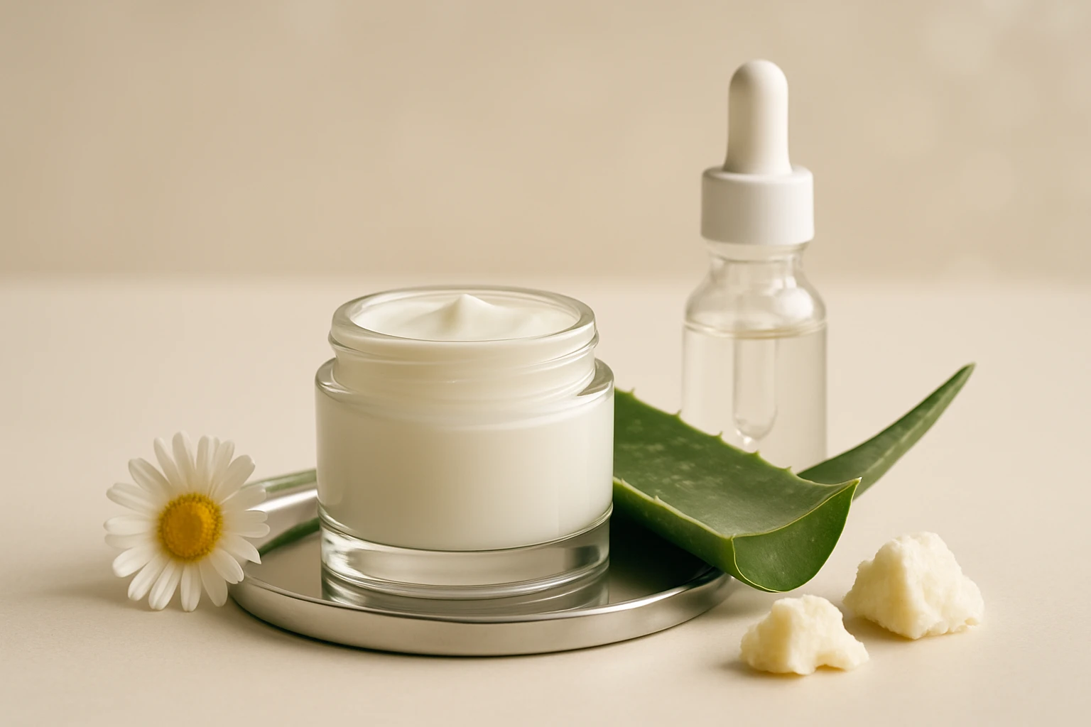 Egy üvegkrém, aloe vera levél és virág a természetes szépségápolás jegyében.