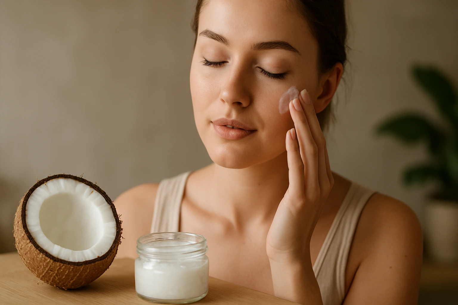 Egy fiatal nő kókuszolajat visz fel az arcára, mellette egy fél kókuszdió és egy üveg kókuszkrém.