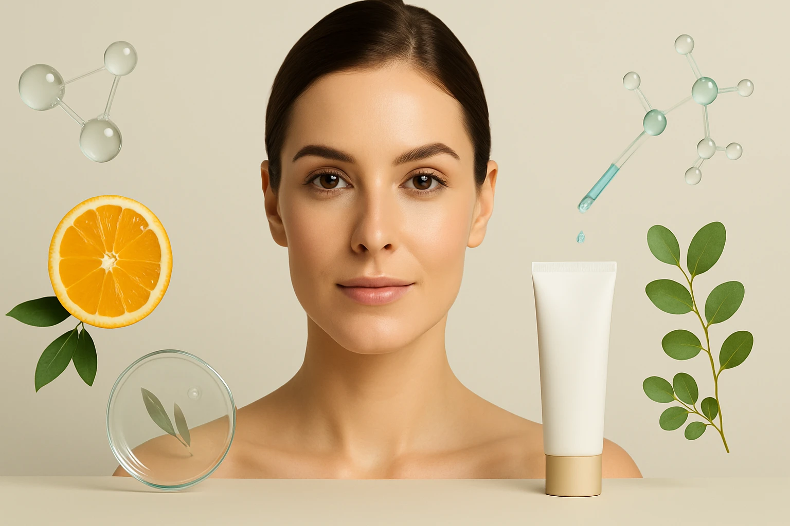 Egy fiatal nő arca, körülötte természetes összetevők, mint narancs és növények.