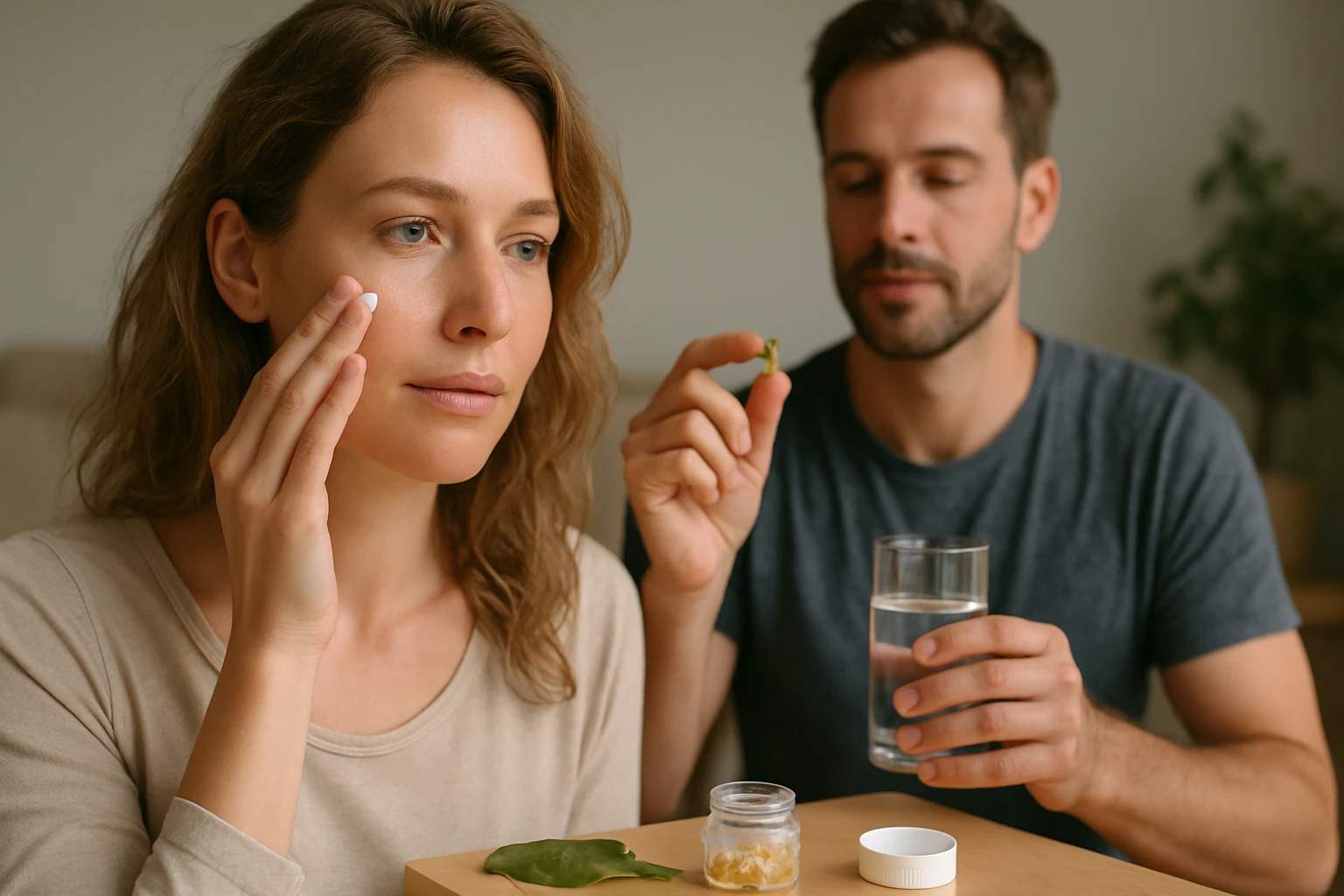 Egy nő arckrémet visz fel, míg egy férfi vízzel és gyógynövényekkel segíti őt.