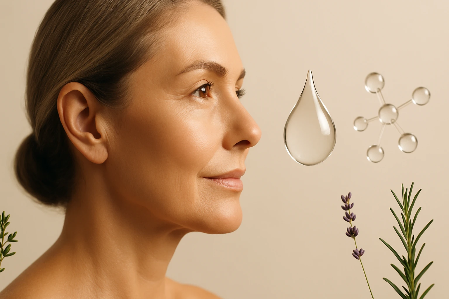 Egy nő arca, mellette vízcsepp és növényi elemek, természetes szépség.