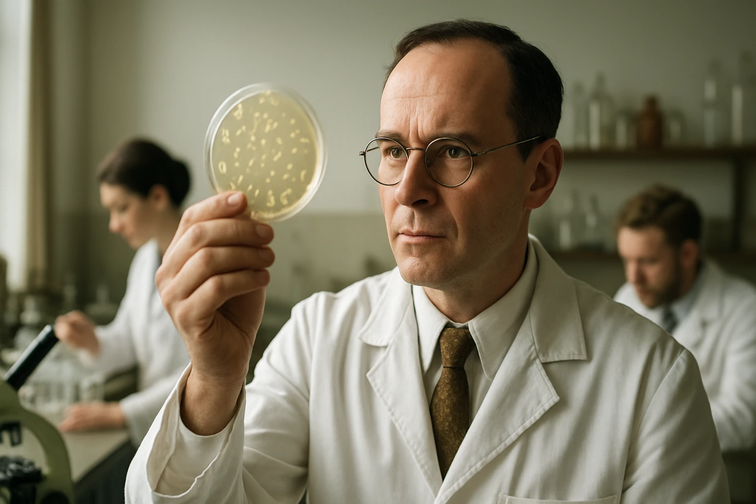 Egy tudós, aki egy petri csészét vizsgál, miközben laboratóriumi környezetben dolgozik.