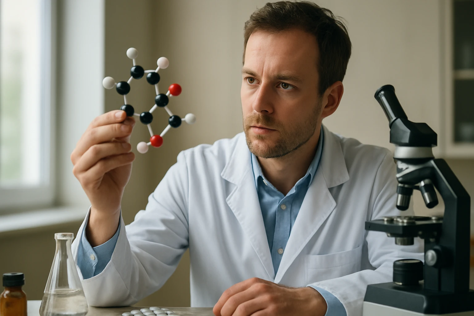 Egy tudós fehér köpenyben, molekulamodellel a kezében, laboratóriumban.