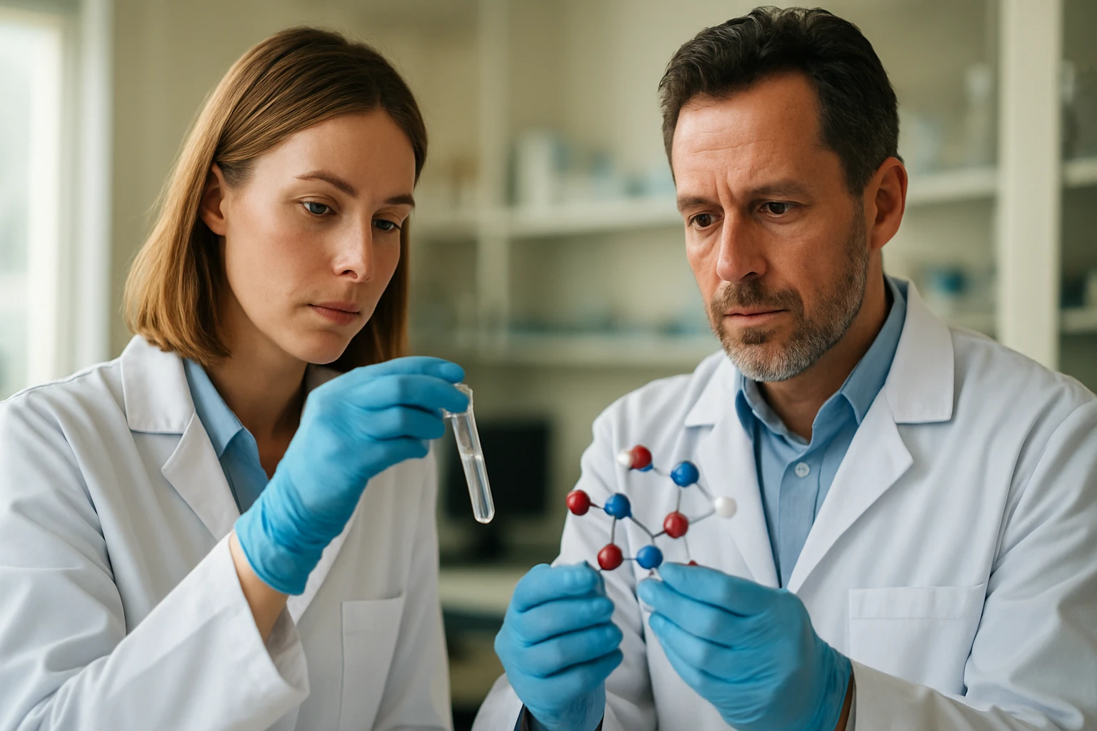 Két tudós laboratóriumban, kémcsövet és molekulamodelt vizsgálnak.