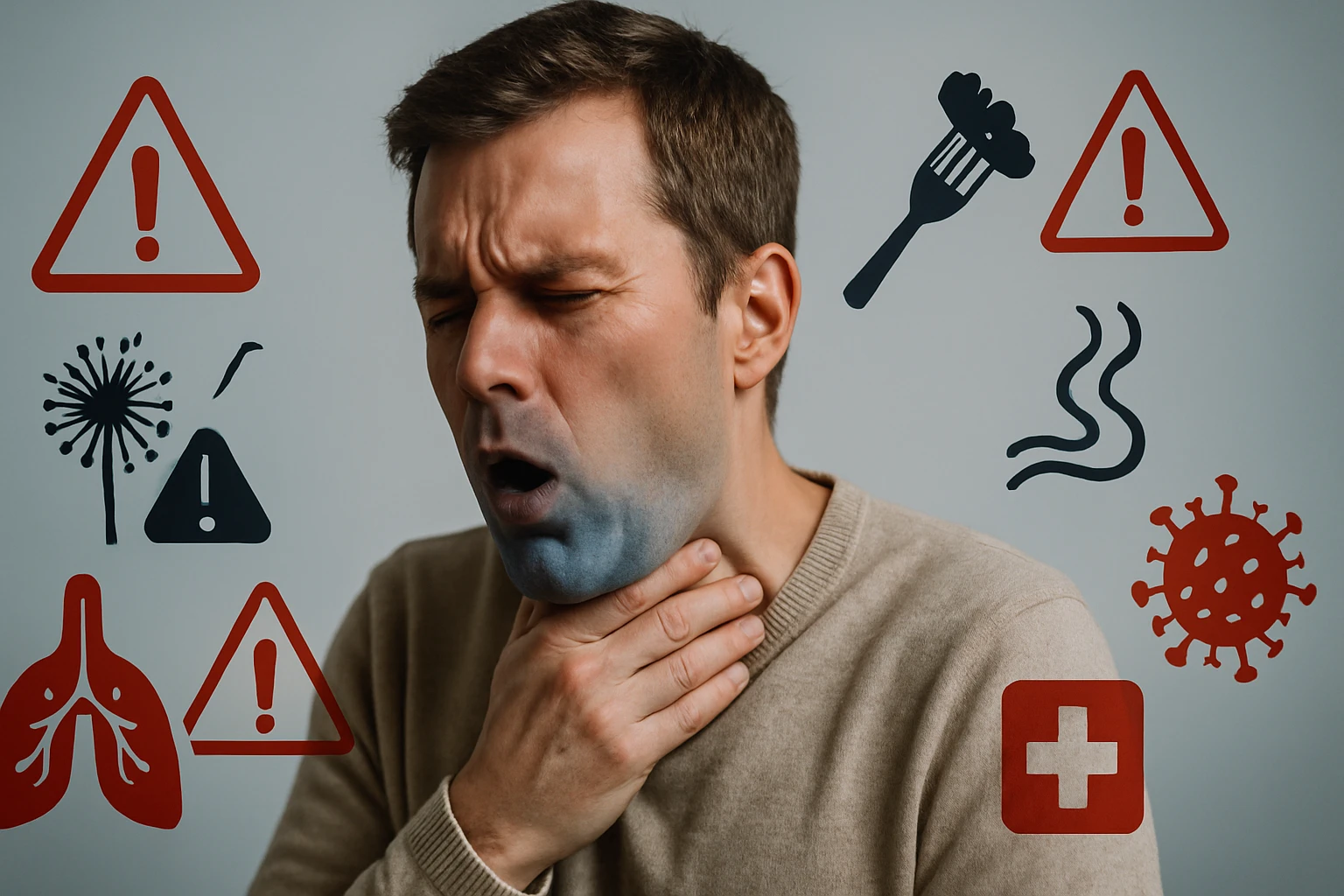 Egy férfi fájdalmas arckifejezéssel a torkát fogja, háttérben figyelmeztető ikonok.