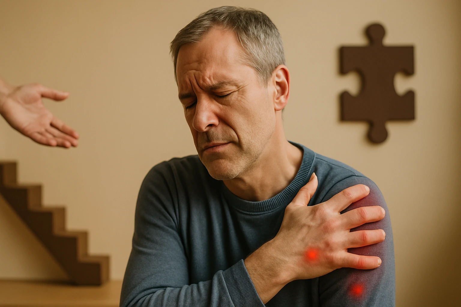 Férfi fájdalommal a vállában, kezével a sérült területet fogja.