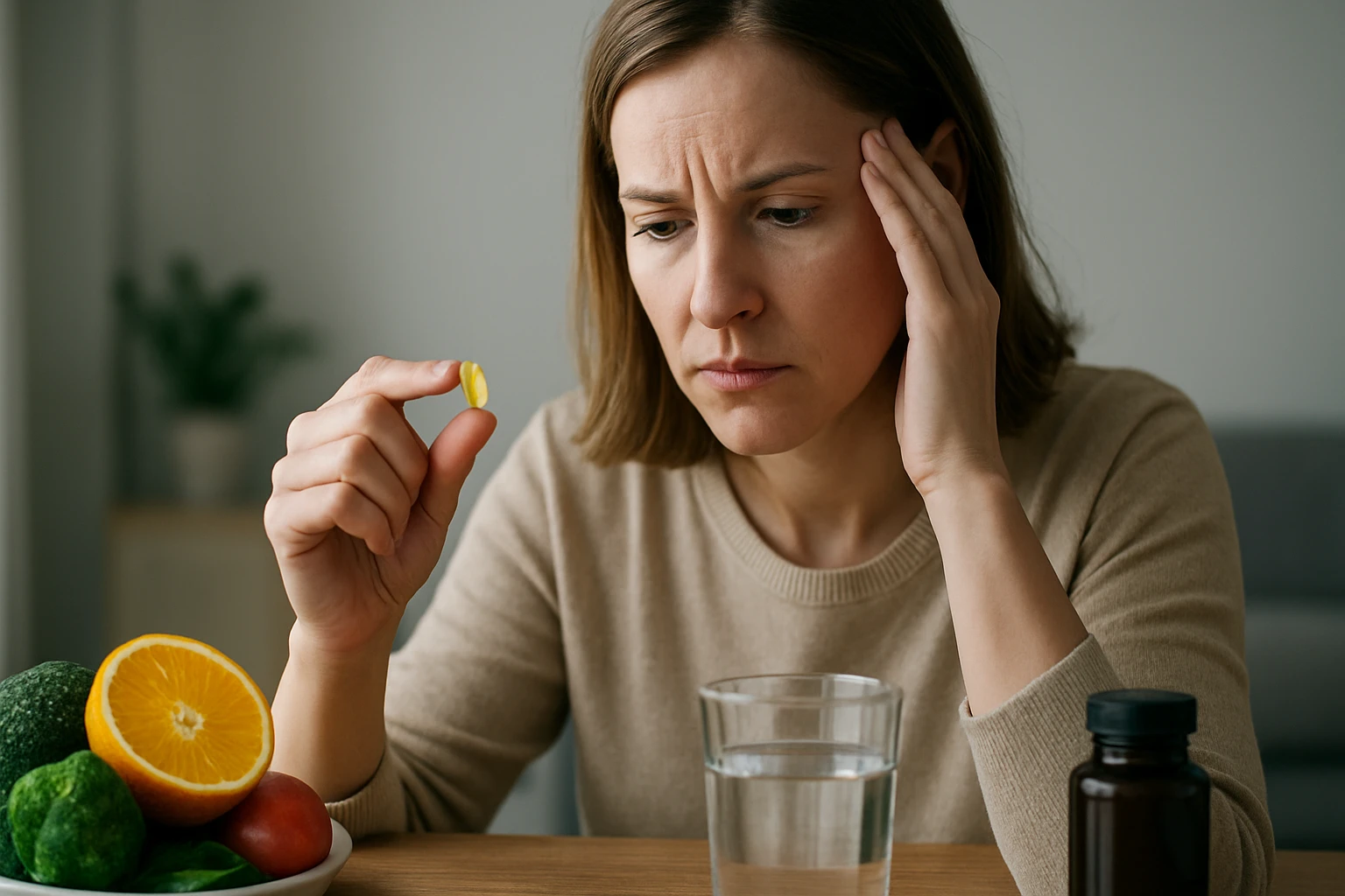 Egy nő aggódva nézi a kezében tartott vitamint, mellette gyümölcsök és víz.