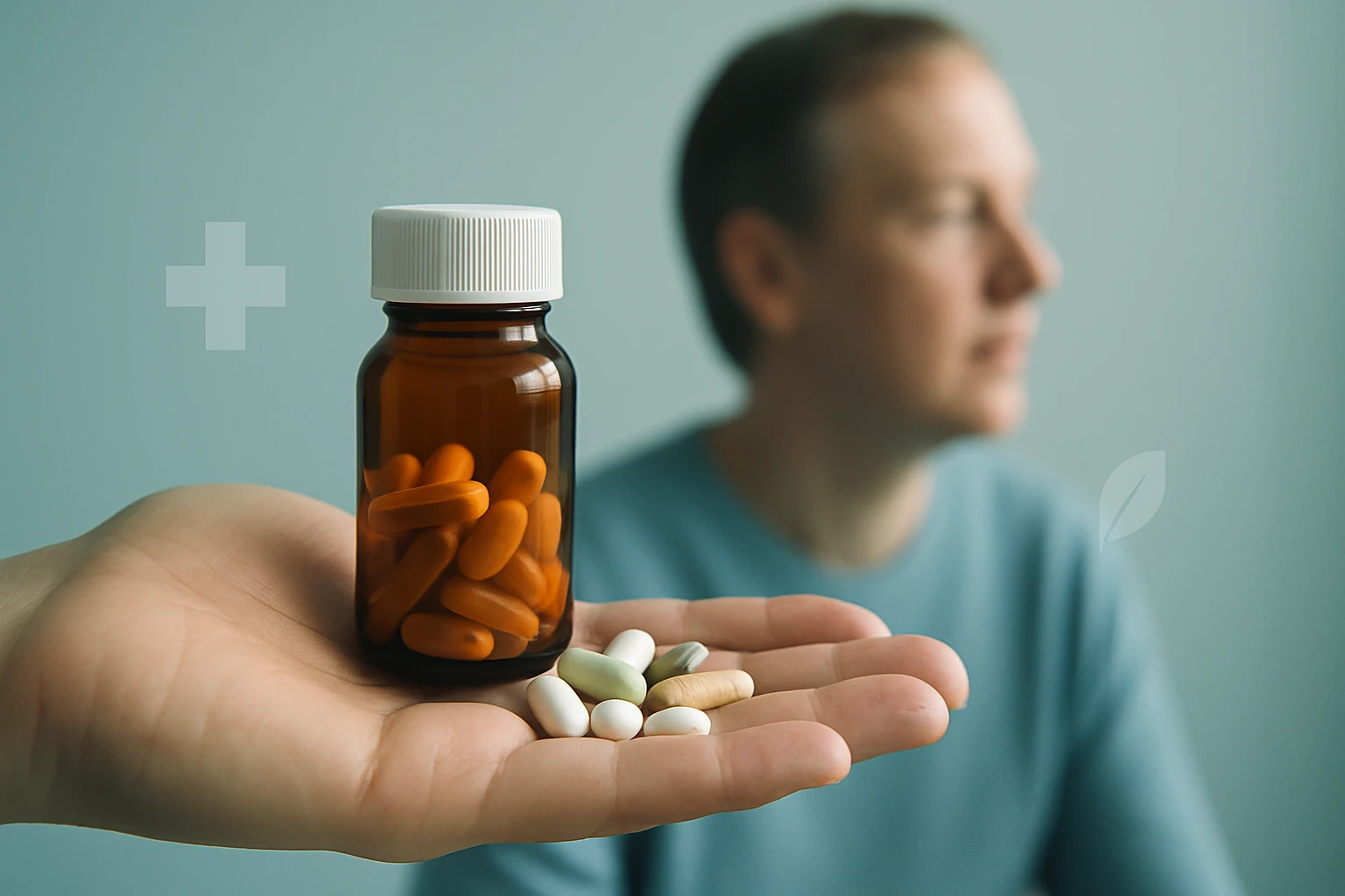 Egy kézben vitaminok és gyógyszerek láthatók, háttérben egy férfi.