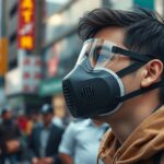Fiatal férfi FFP3 maszkban városi környezetben, védelem az egészségért.