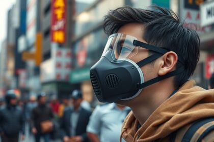 Fiatal férfi FFP3 maszkban városi környezetben, védelem az egészségért.