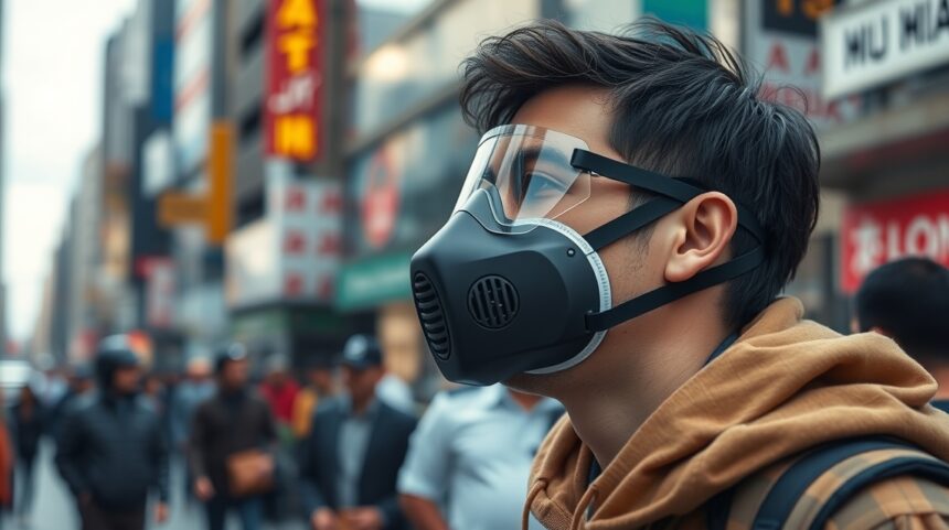 Fiatal férfi FFP3 maszkban városi környezetben, védelem az egészségért.