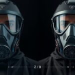 Modern védőmaszk viselője, FFP osztályok jelölésével.